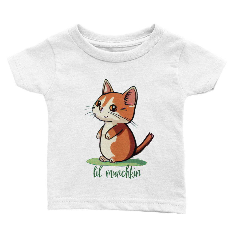 a white babies t-shirt with a lil munchkin kitten print