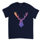 navy blue t-shirt with a rainbow moose print