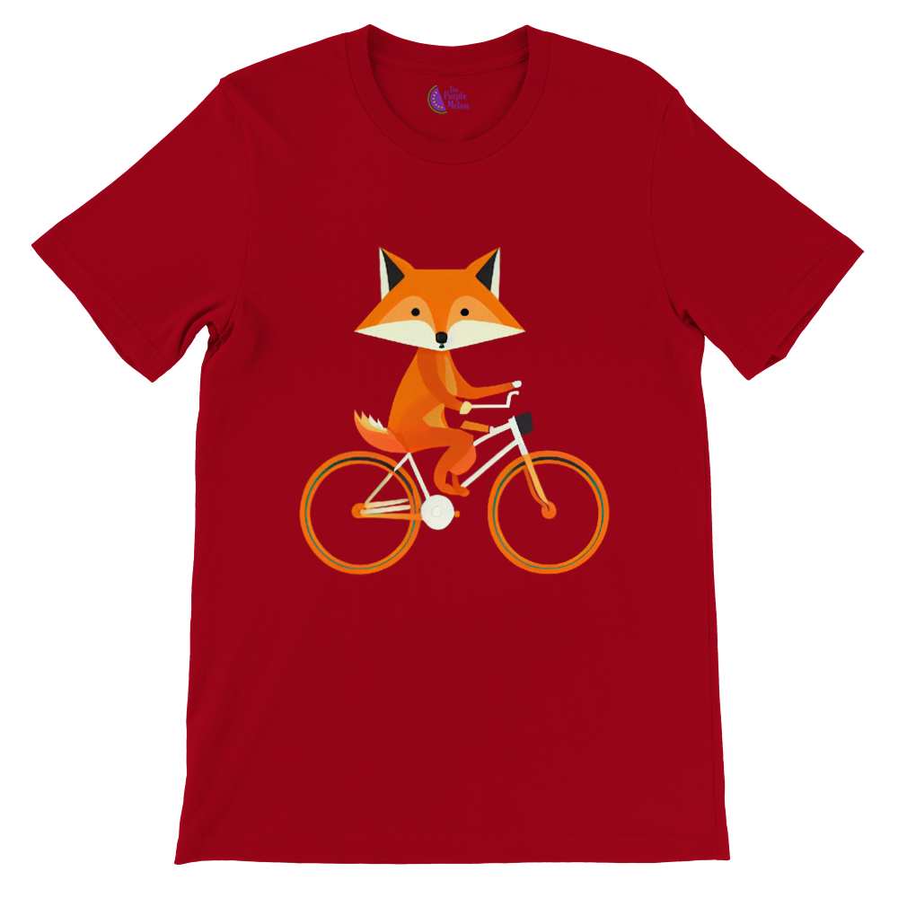 Red t-shirt with a print of a cute fox riding a bike