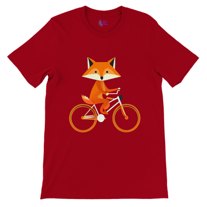 Red t-shirt with a print of a cute fox riding a bike