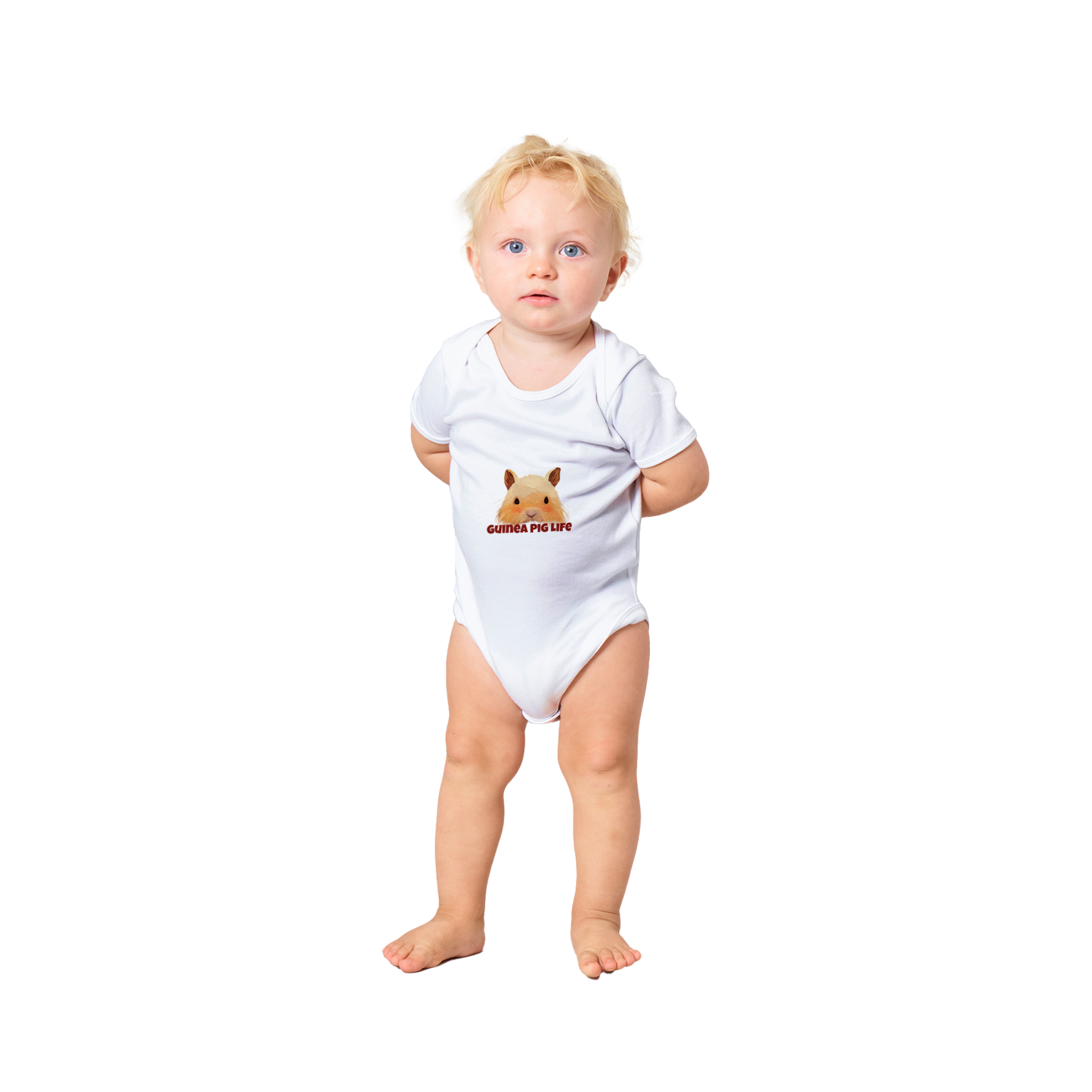 Baby wearing White short sleeve baby onesie with cute Guinea Pig life print