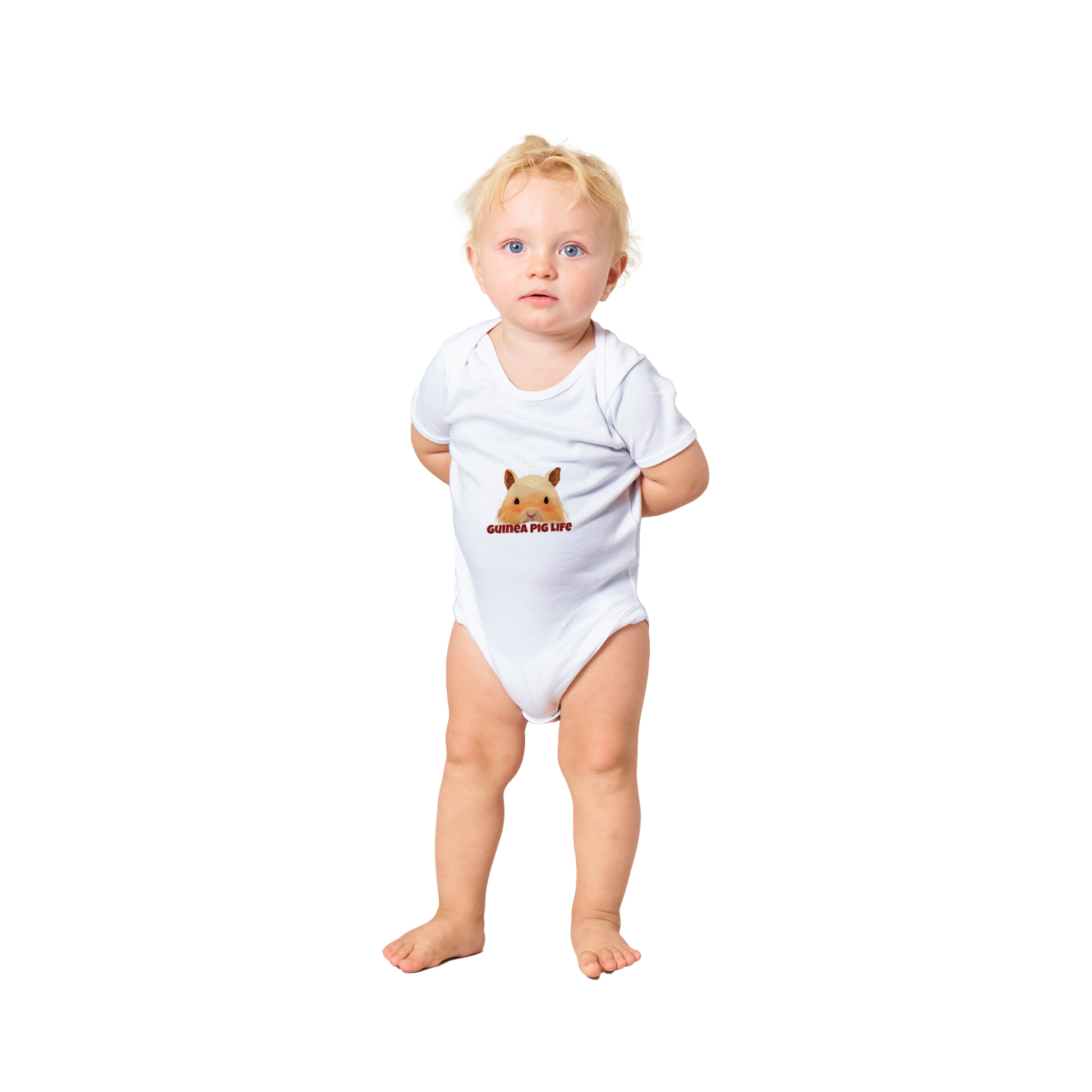Baby wearing White short sleeve baby onesie with cute Guinea Pig life print
