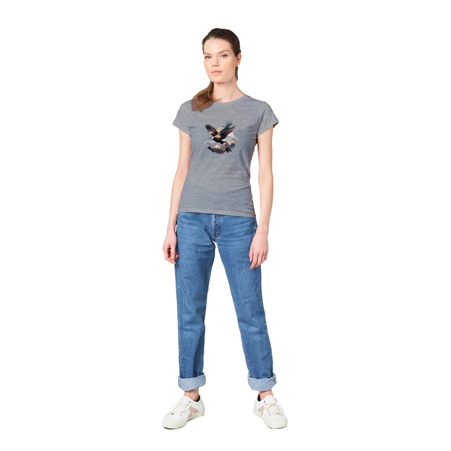 woman wearing a grey t-shirt with an eagle flying over a mountain range print