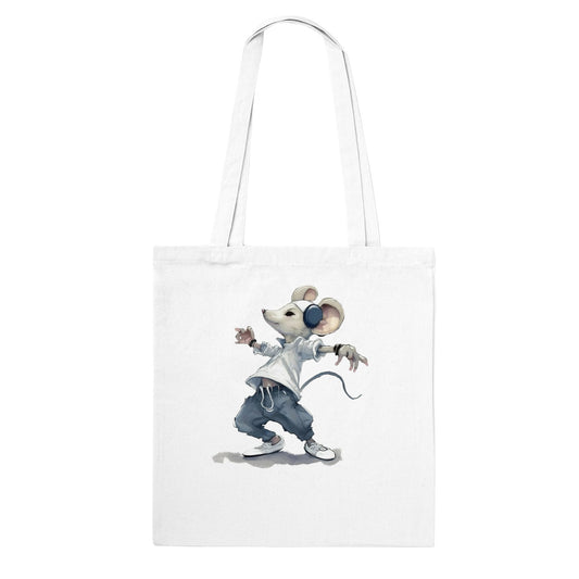 white tote bag with hip hop mouse print