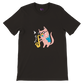 black t-shirt with a pink cat playing the saxophone print