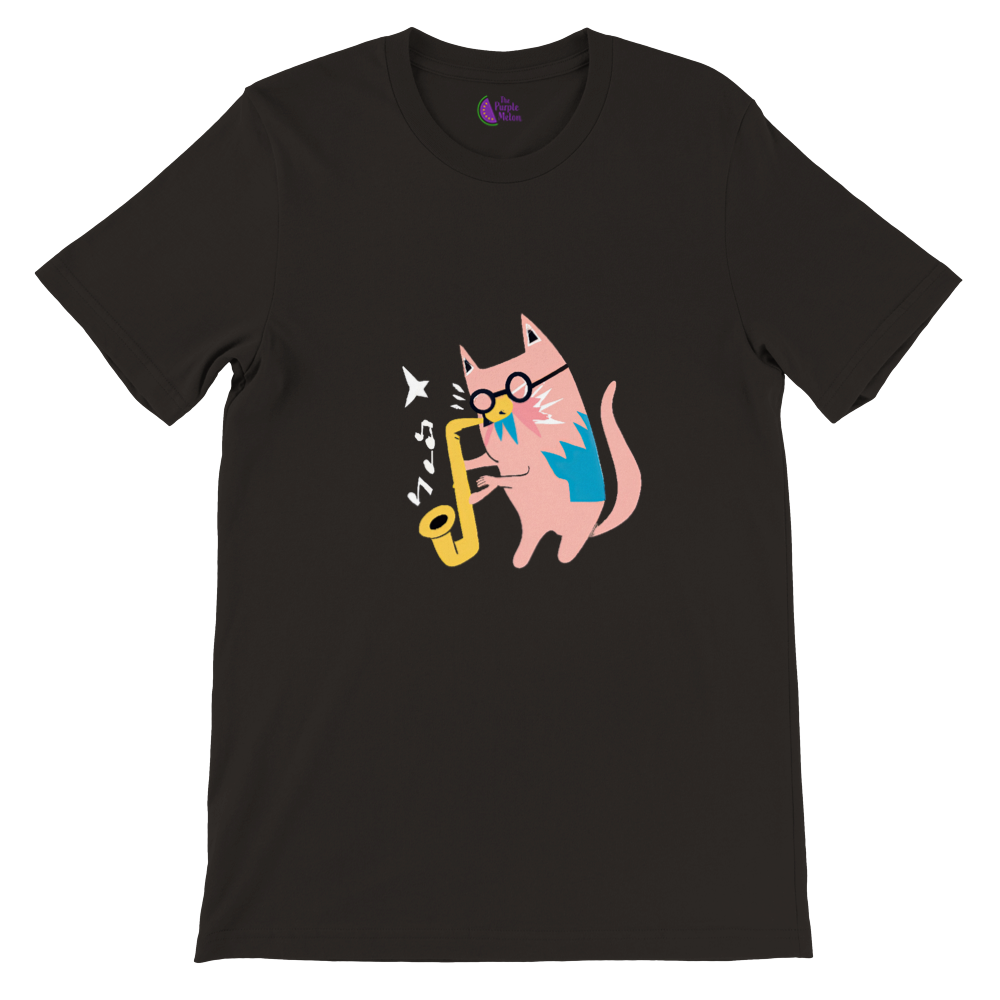 black t-shirt with a pink cat playing the saxophone print