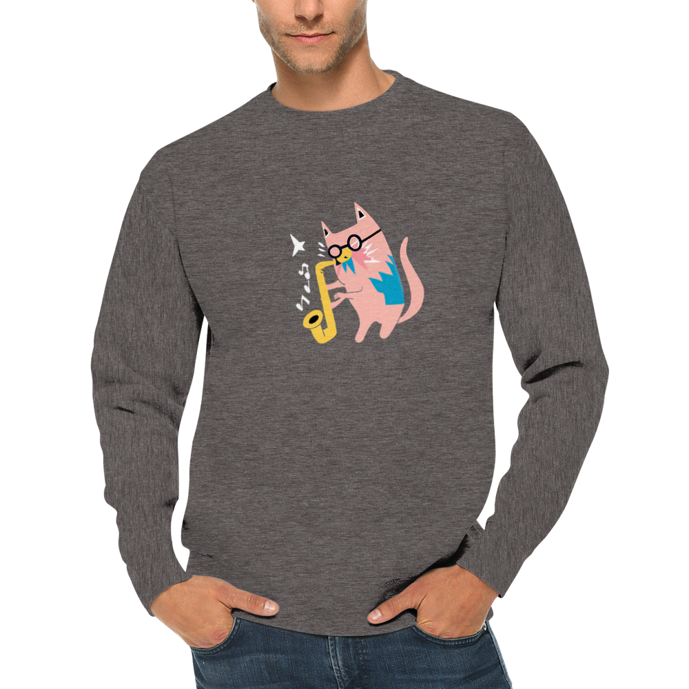 Pink Cat Playing a Saxophone Premium Unisex Crewneck Sweatshirt.