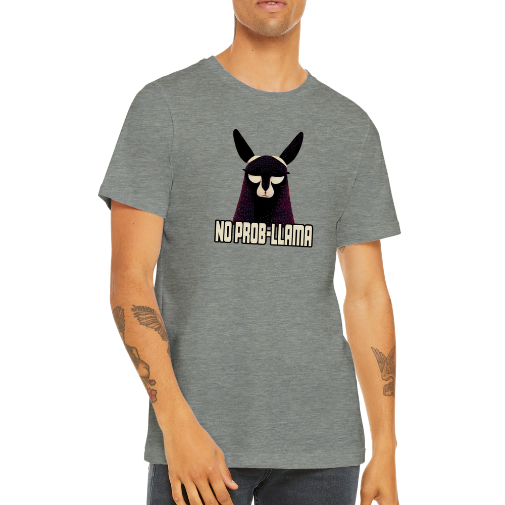 guy wearing a grey t-shirt with a Llama and no prob-llama caption