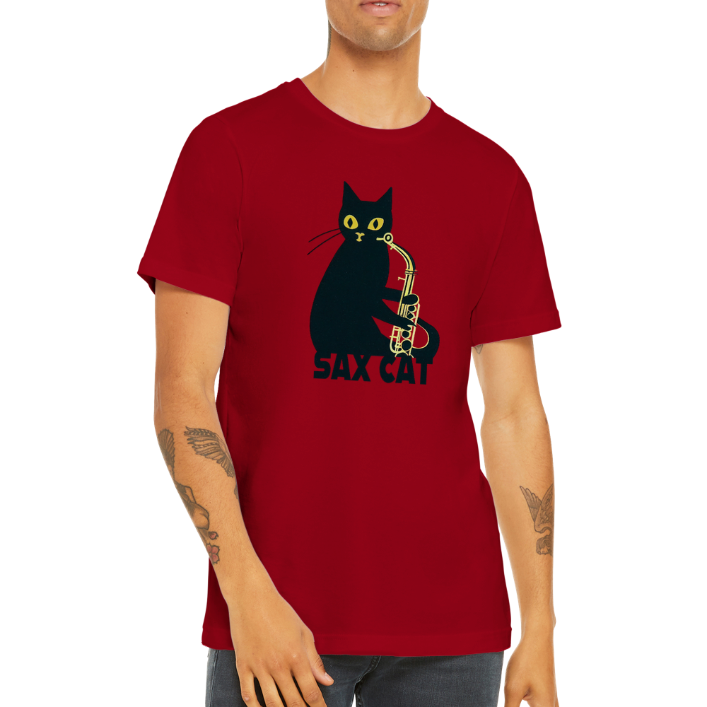 Red t-shirt with a sax cat print