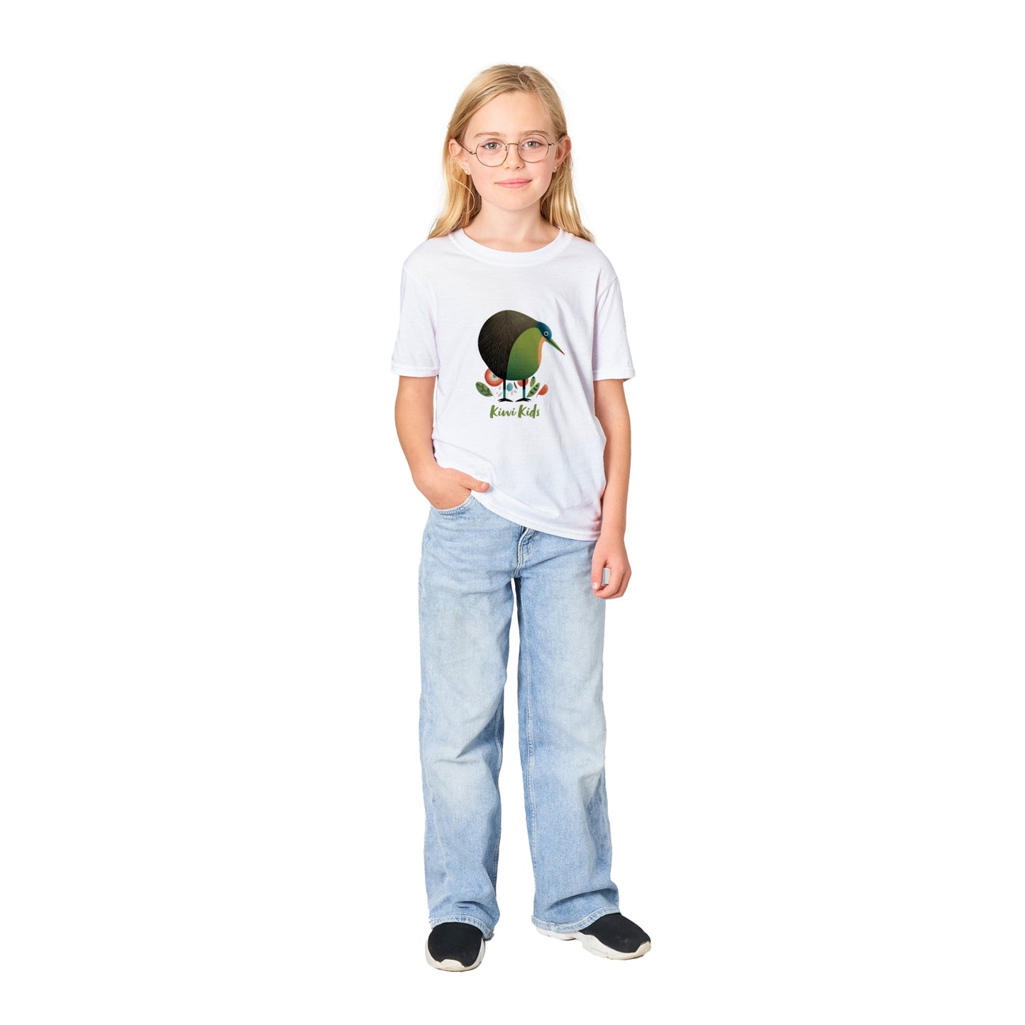 Girl wearing a white t-shirt with cute kiwi kids print