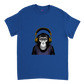royal blue t-shirt with a chimp wearing headphones listening to music print
