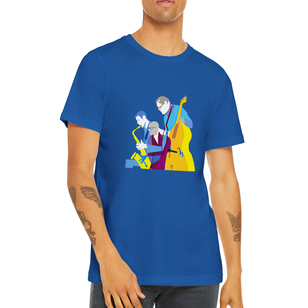 a guy wearing a royal blue t-shirt with a jazz trio print