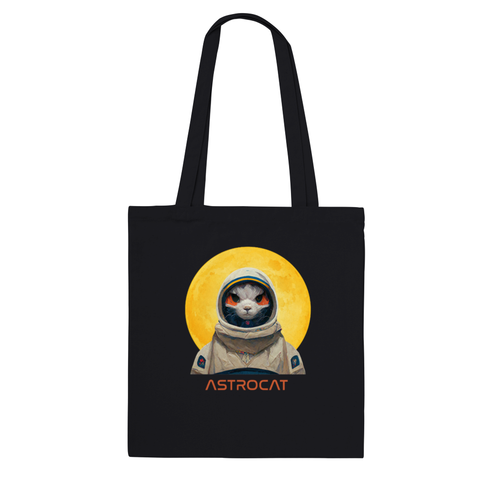 Black tote bag with an Astrocat cat in a spacesuit in front of the moon print