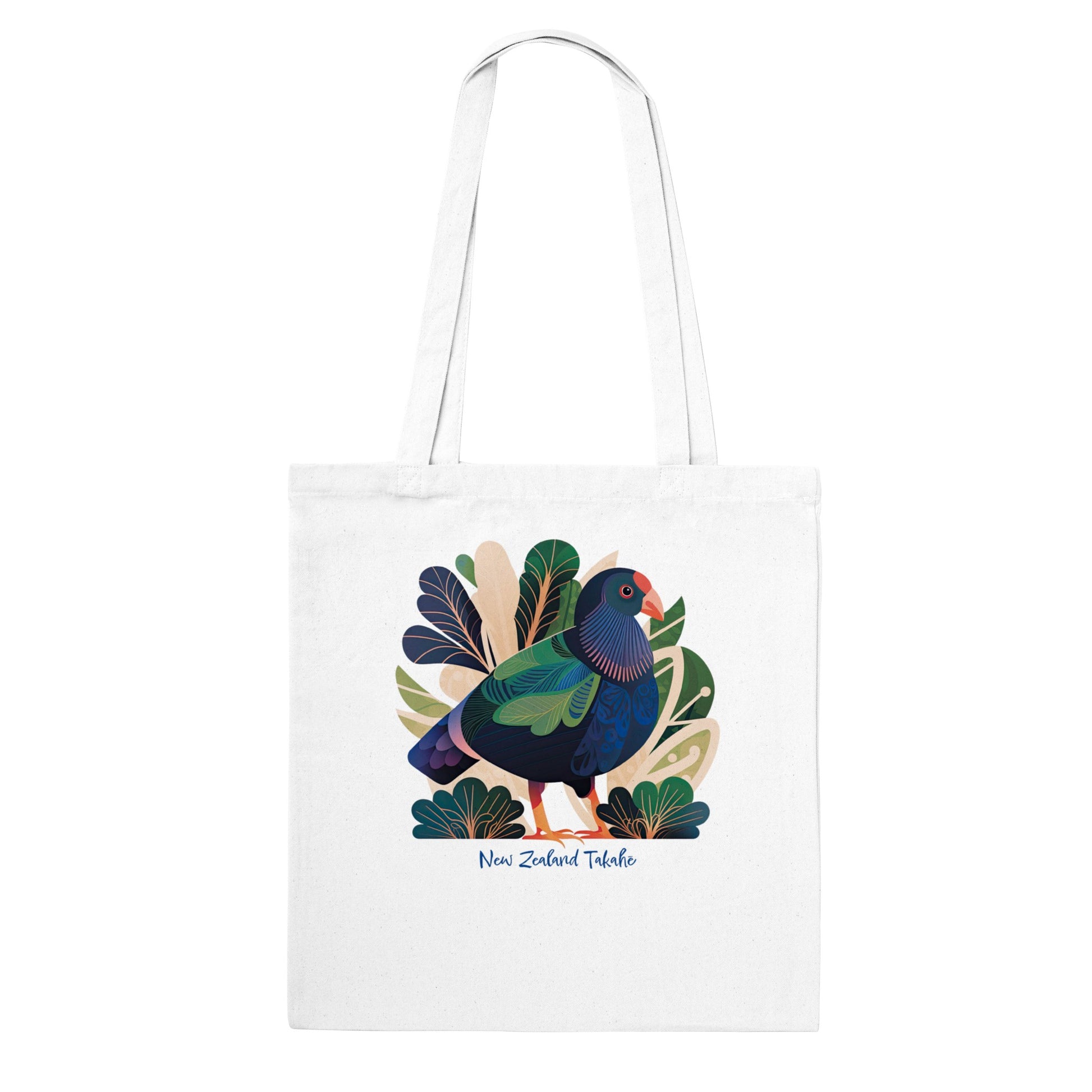 White tote bag with a New Zealand Takahe bird print