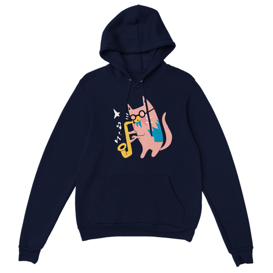 Pink Cat Playing a Saxophone Premium Unisex Pullover Hoodie.