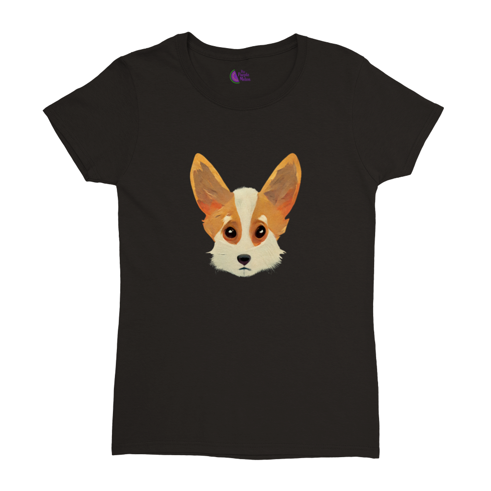 black t-shirt with a cute corgi print