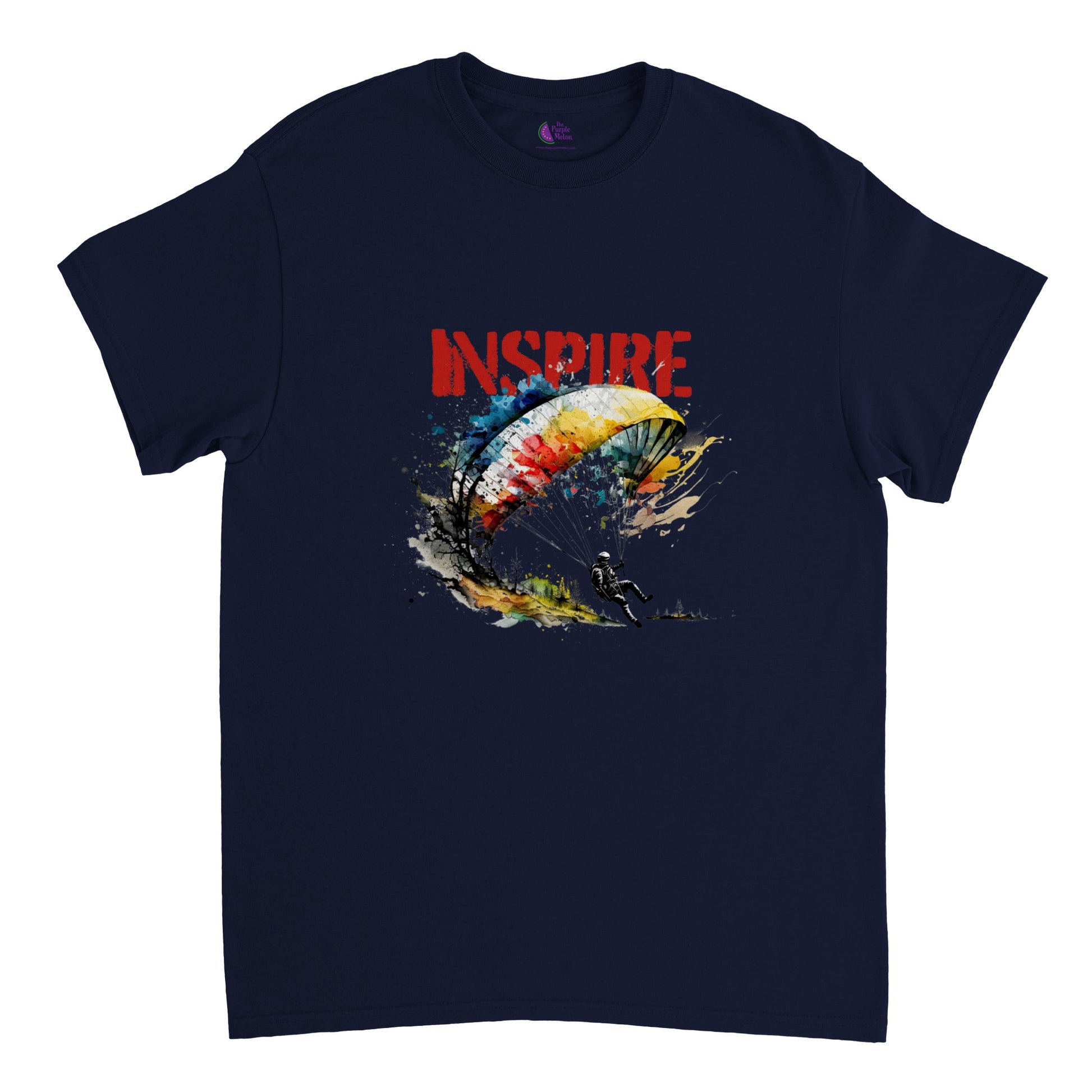 Navy blue t-shirt with a paraglider print and the caption inspire