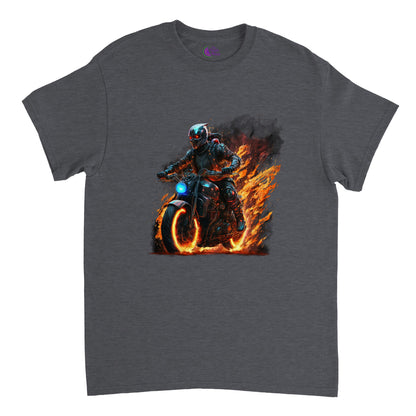 Space Robot on fire riding motorcycle Heavyweight Unisex Crewneck T-shirt