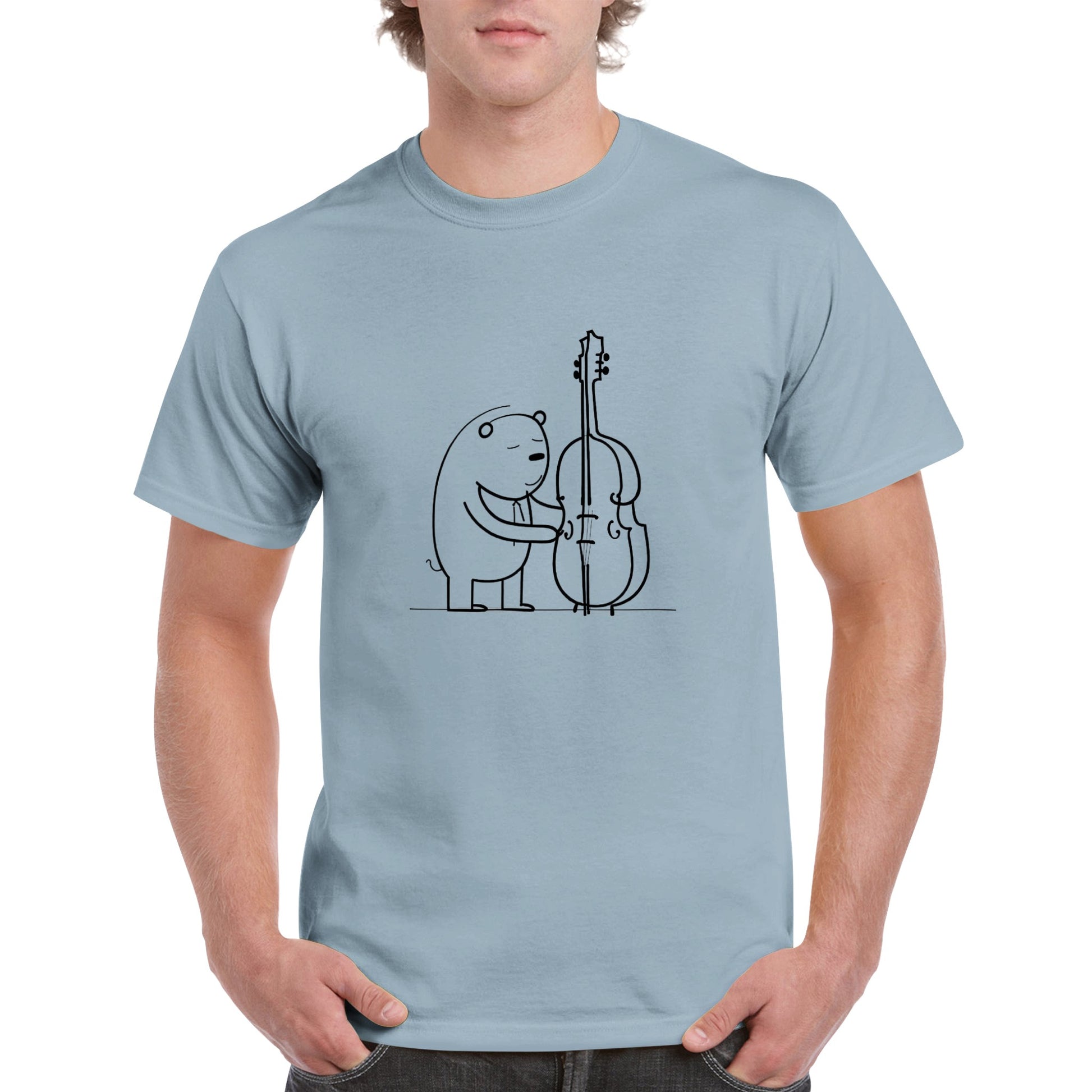 Guy wearing a sky blue t-shirt with a bear playing a double bass print