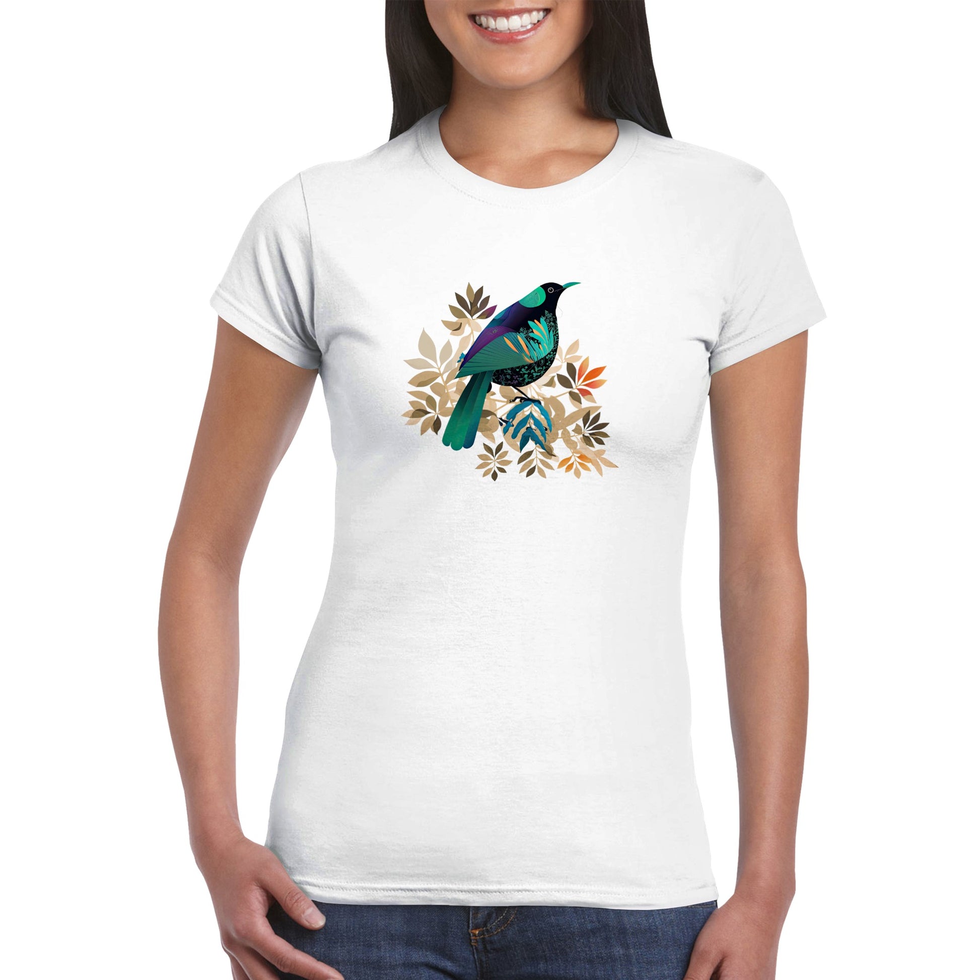 woman wearing a white t-shirt with a contemporary new zealand tui bird print