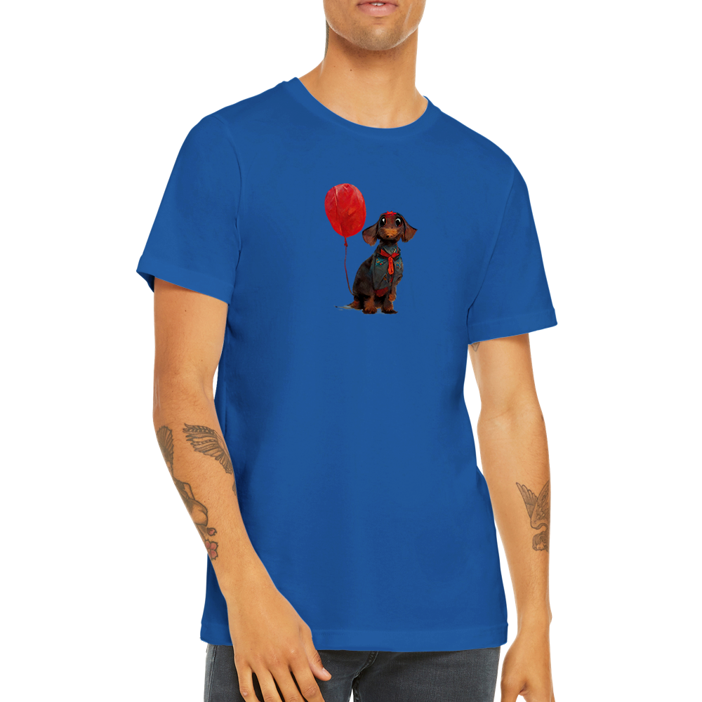 man wearing a royal blue t-shirt with a dachshund dog with red balloon print