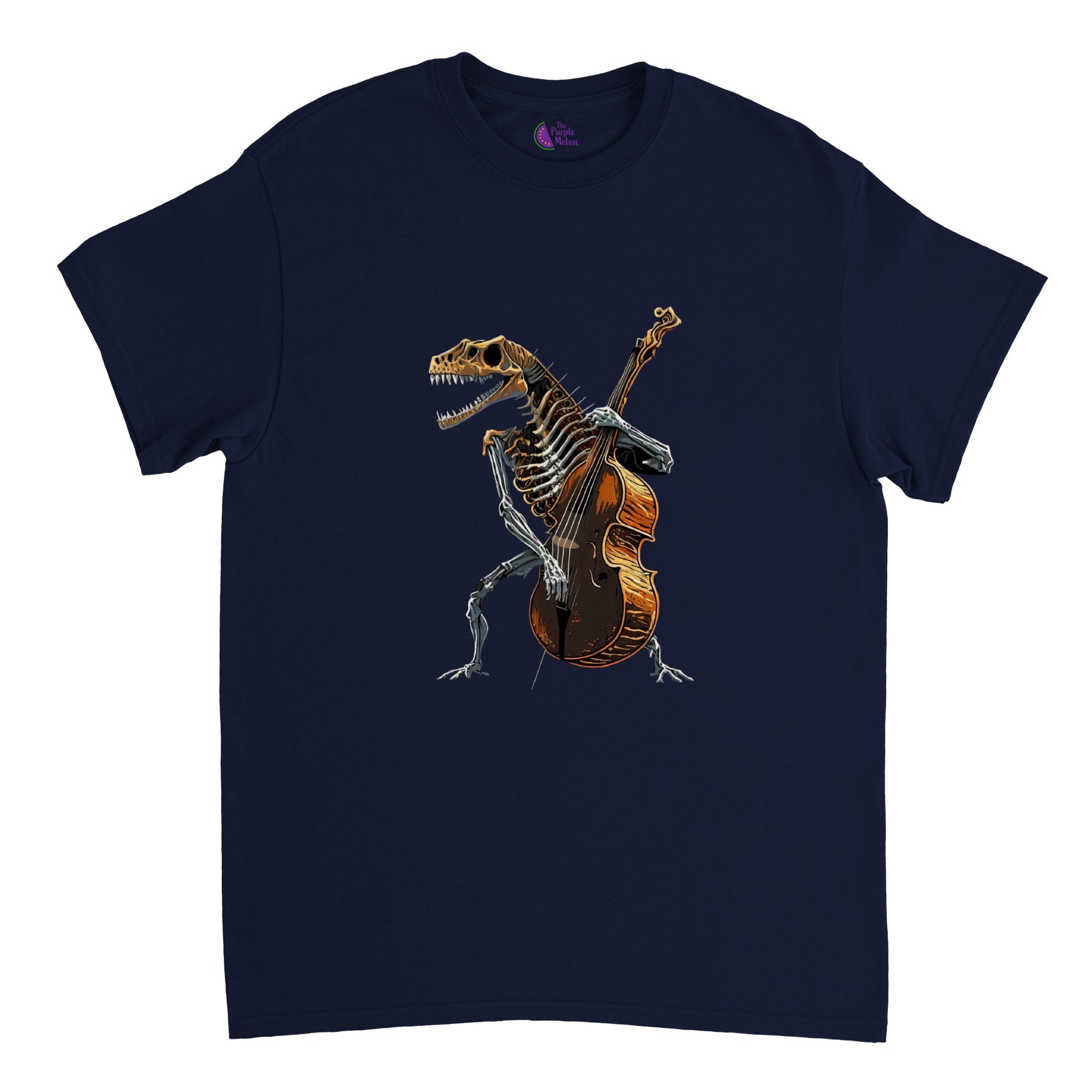 Navy t-shirt with a skeleton of a t-rex playing a double bass