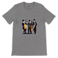 grey t-shirt with a pop-art jazz trio print
