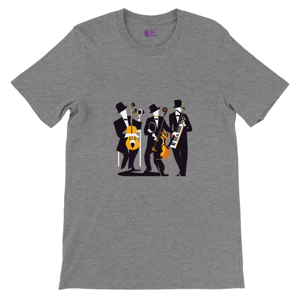 grey t-shirt with a pop-art jazz trio print