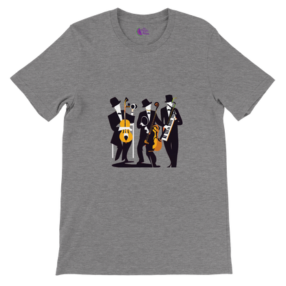grey t-shirt with a pop-art jazz trio print