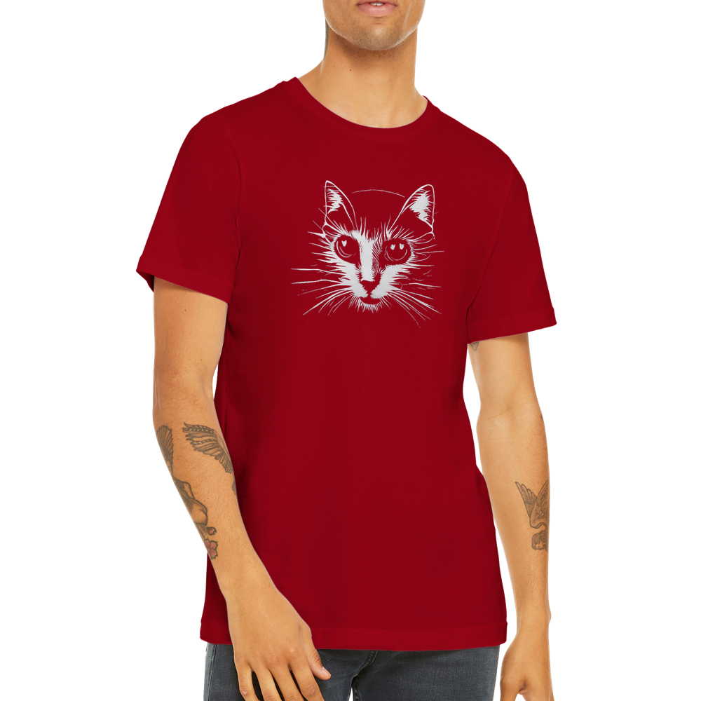 guy wearing a red t-shirt with a cat print