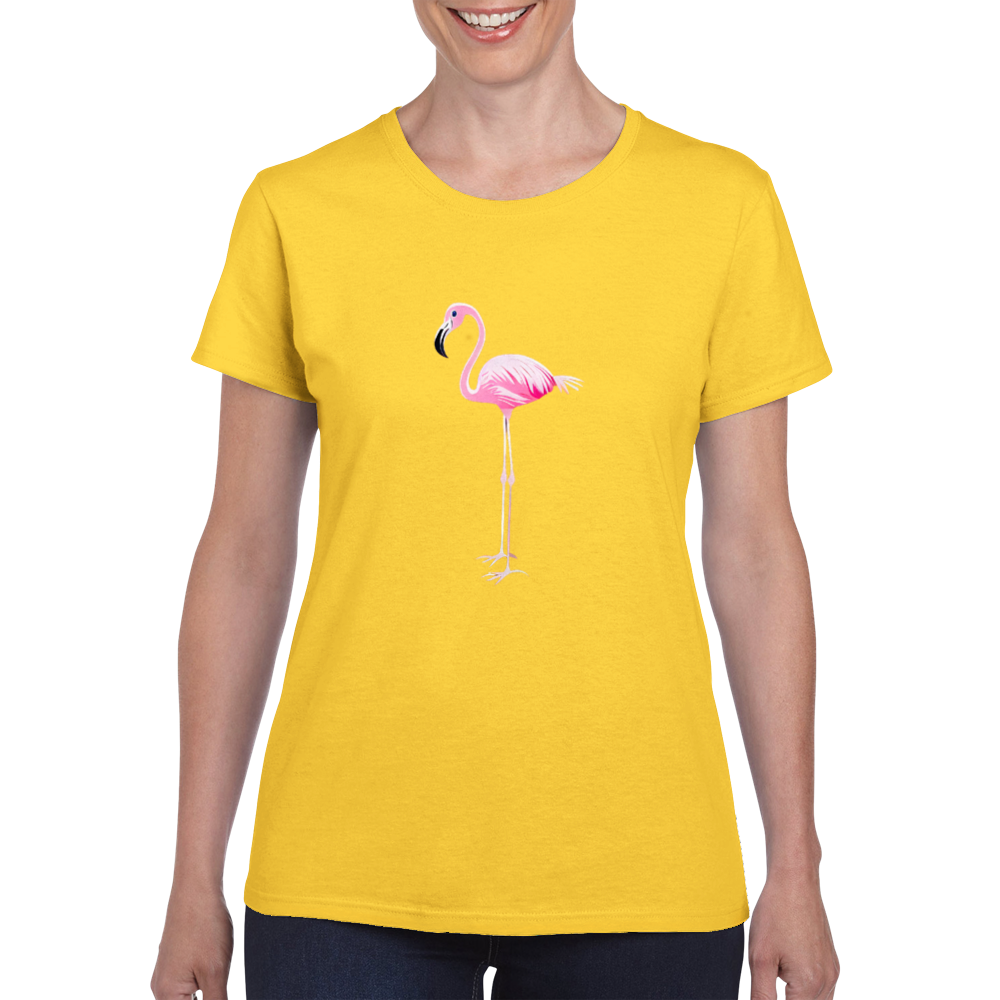 a woman wearing a gold t-shirt with a pink flamingo print