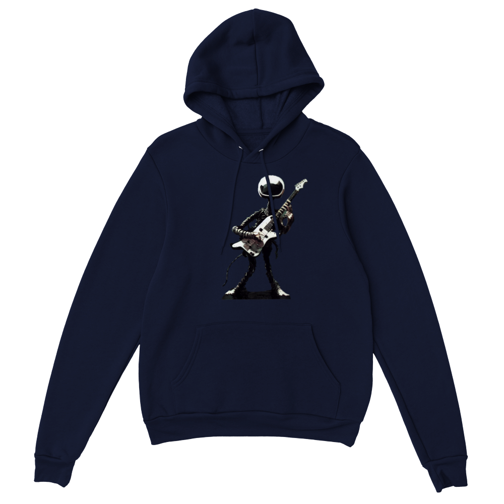 Navy hoodie with an alien guitarist print on the front