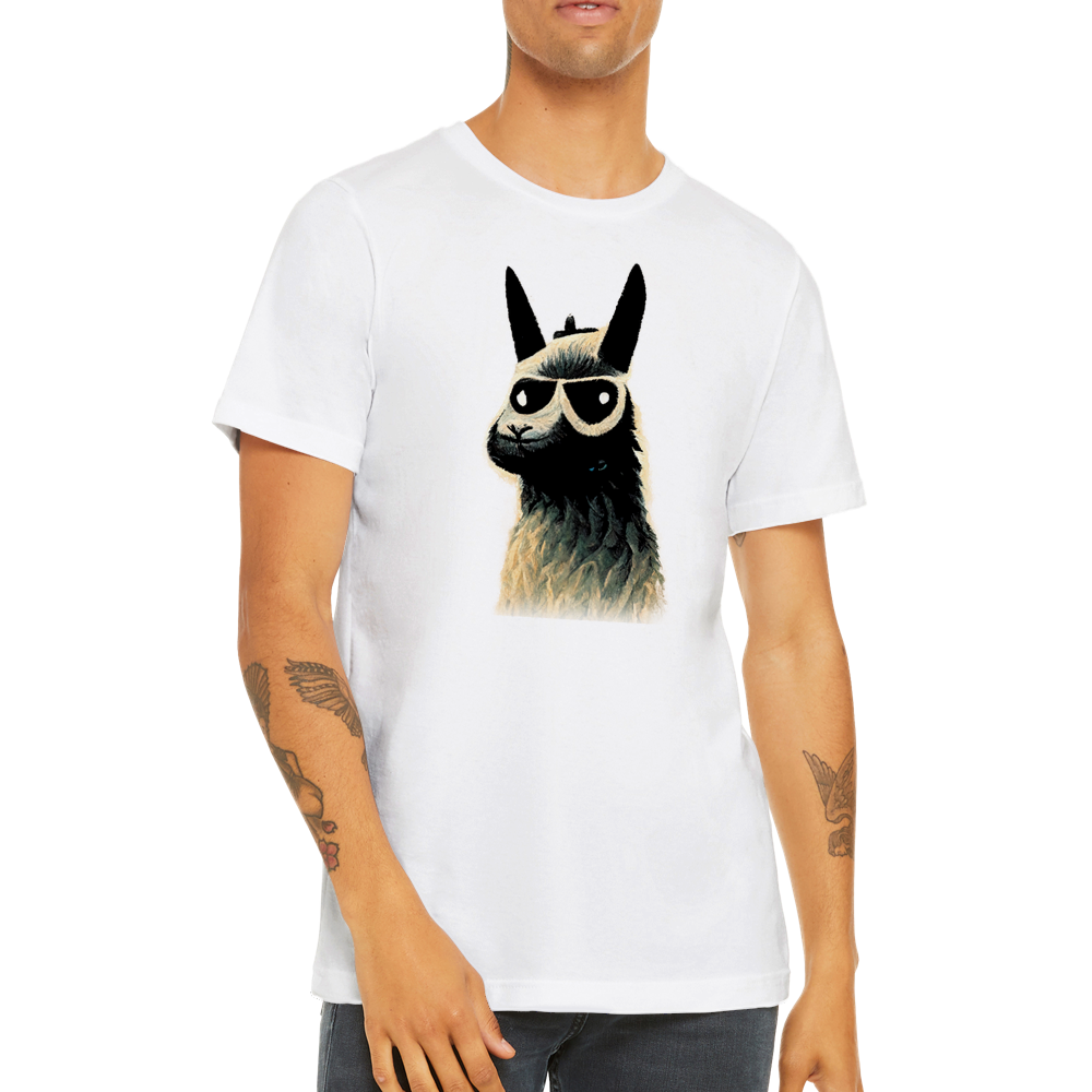 guy wearing a white t-shirt with a llama wearing sunglasses print