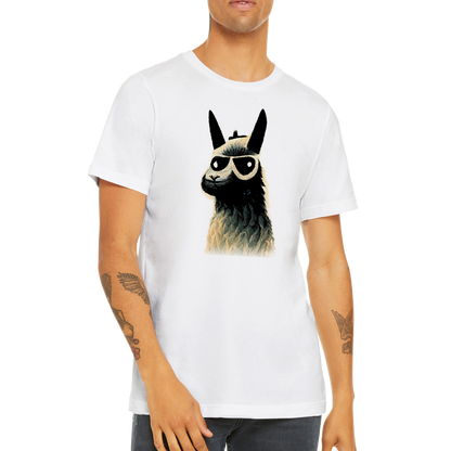guy wearing a white t-shirt with a llama wearing sunglasses print