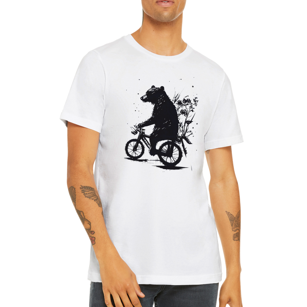 A guy wearing a white t-shirt with a bear riding a bike print