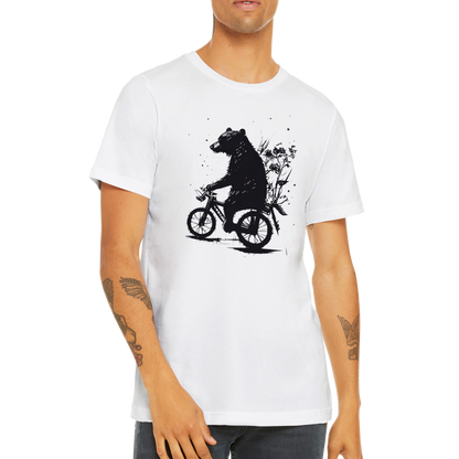 A guy wearing a white t-shirt with a bear riding a bike print