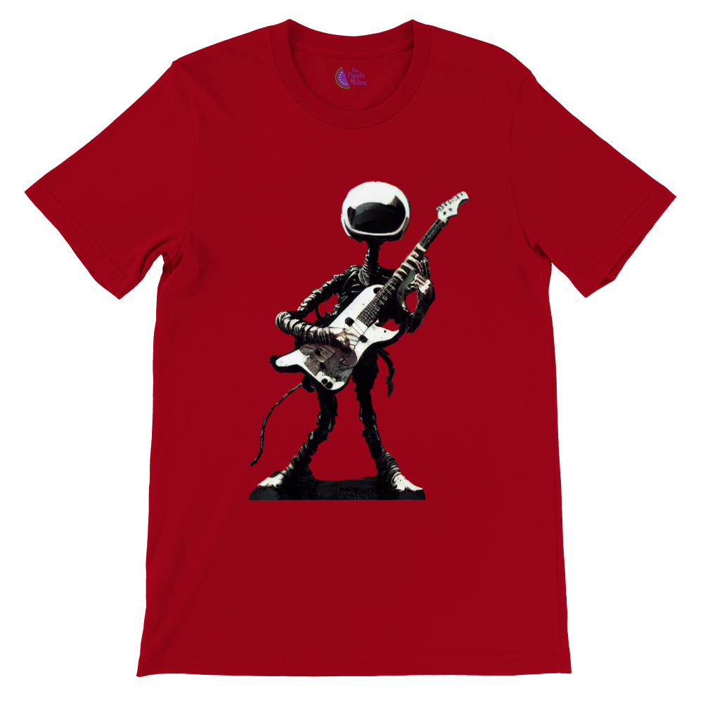 Red t-shirt with an alien playing electric guitar illustration