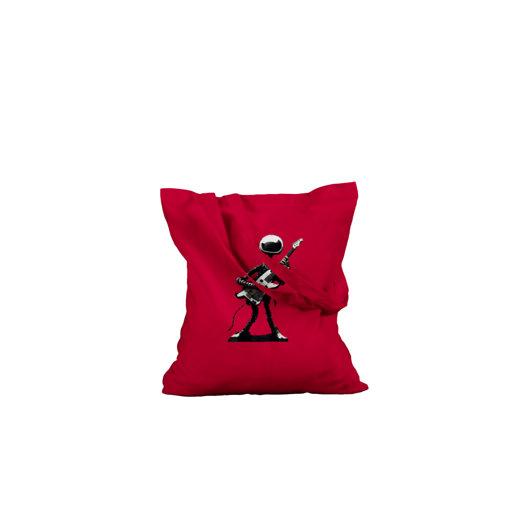 Red tote bag with black and print of an alien playing the guitar