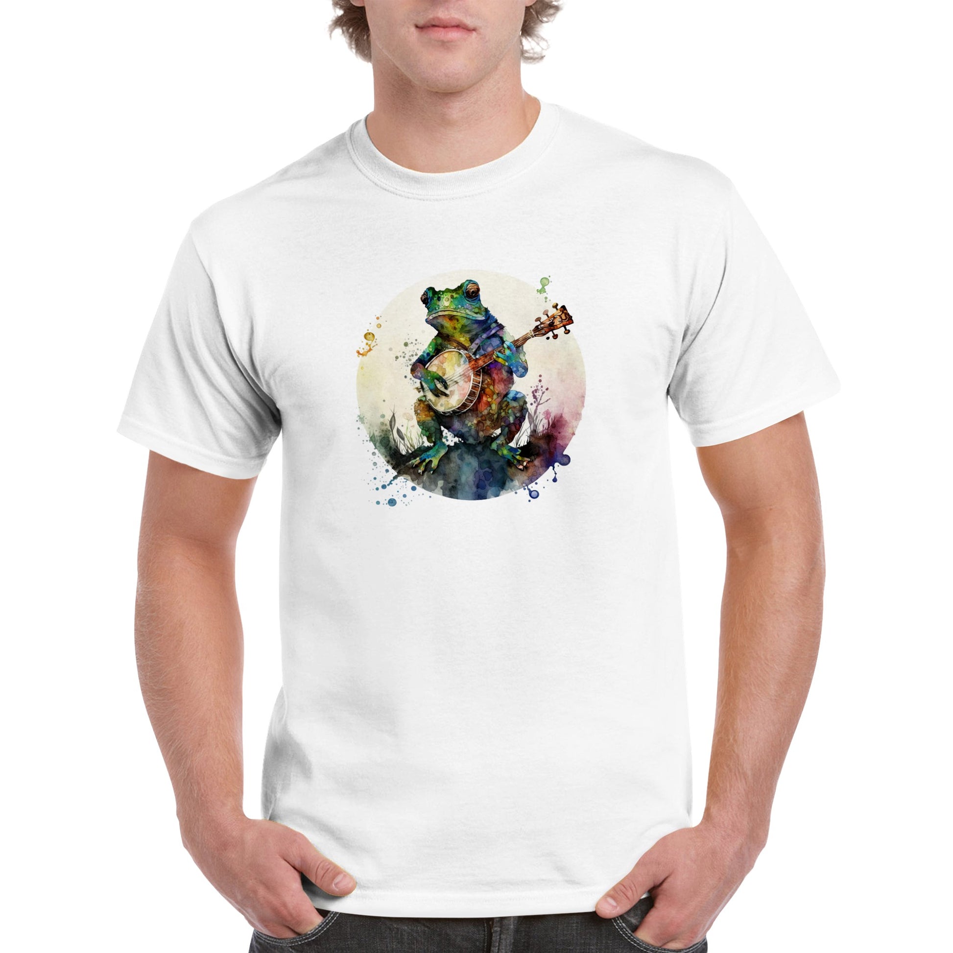 Guy wearing a white t-shirt with a frog playing a banjo print