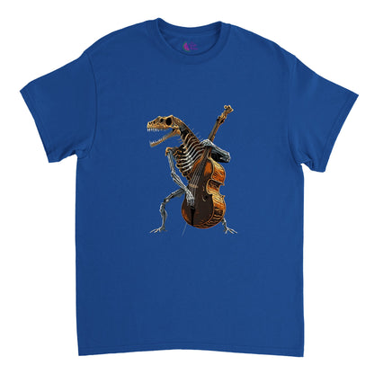 Guy wearing a royal blue t-shirt with a skeleton of a t-rex playing a double bass