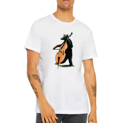 musician wearing a white t-shirt with a bear playing the double bass print