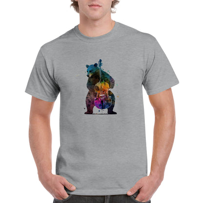 guy wearing a grey t-shirt with a bear playing a colourful double bass