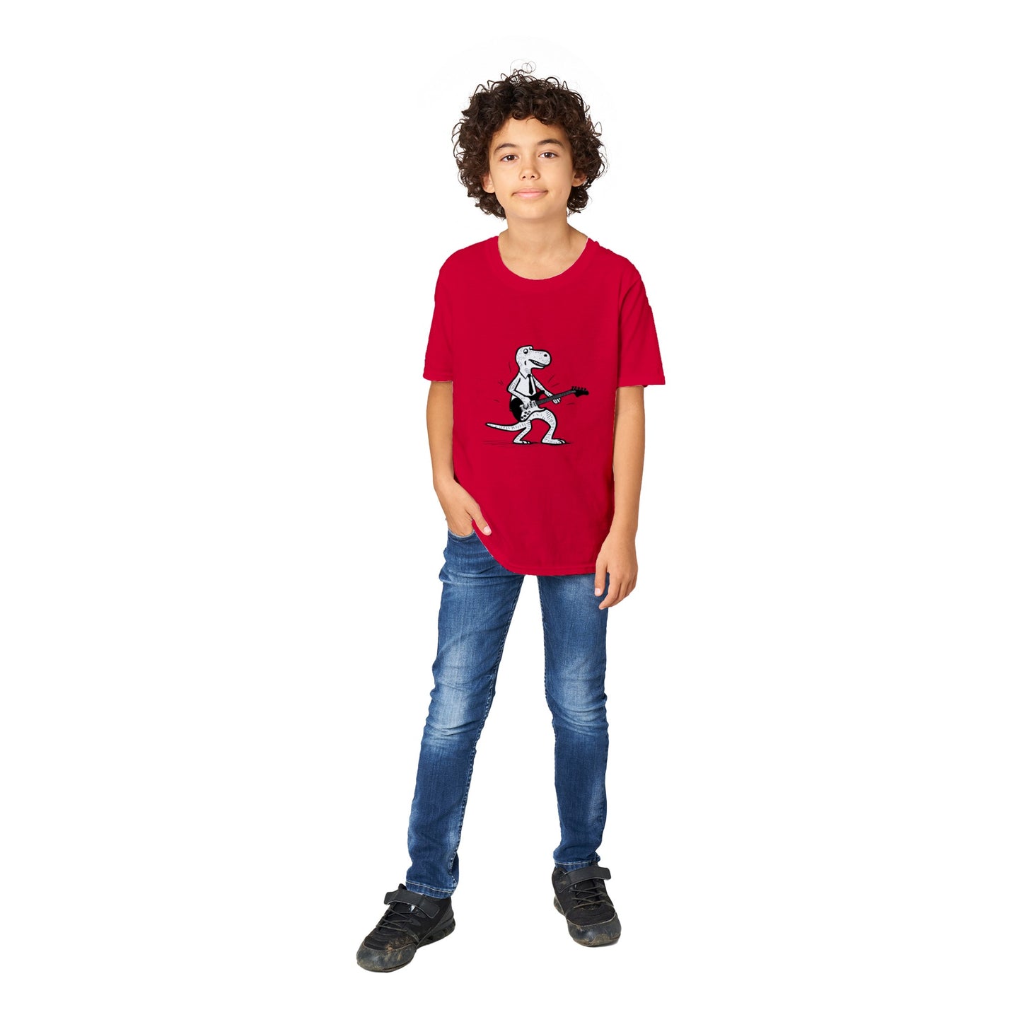 boy wearing a red t-shirt with a t-rex dinosaur wearing a tie playing the guitar print