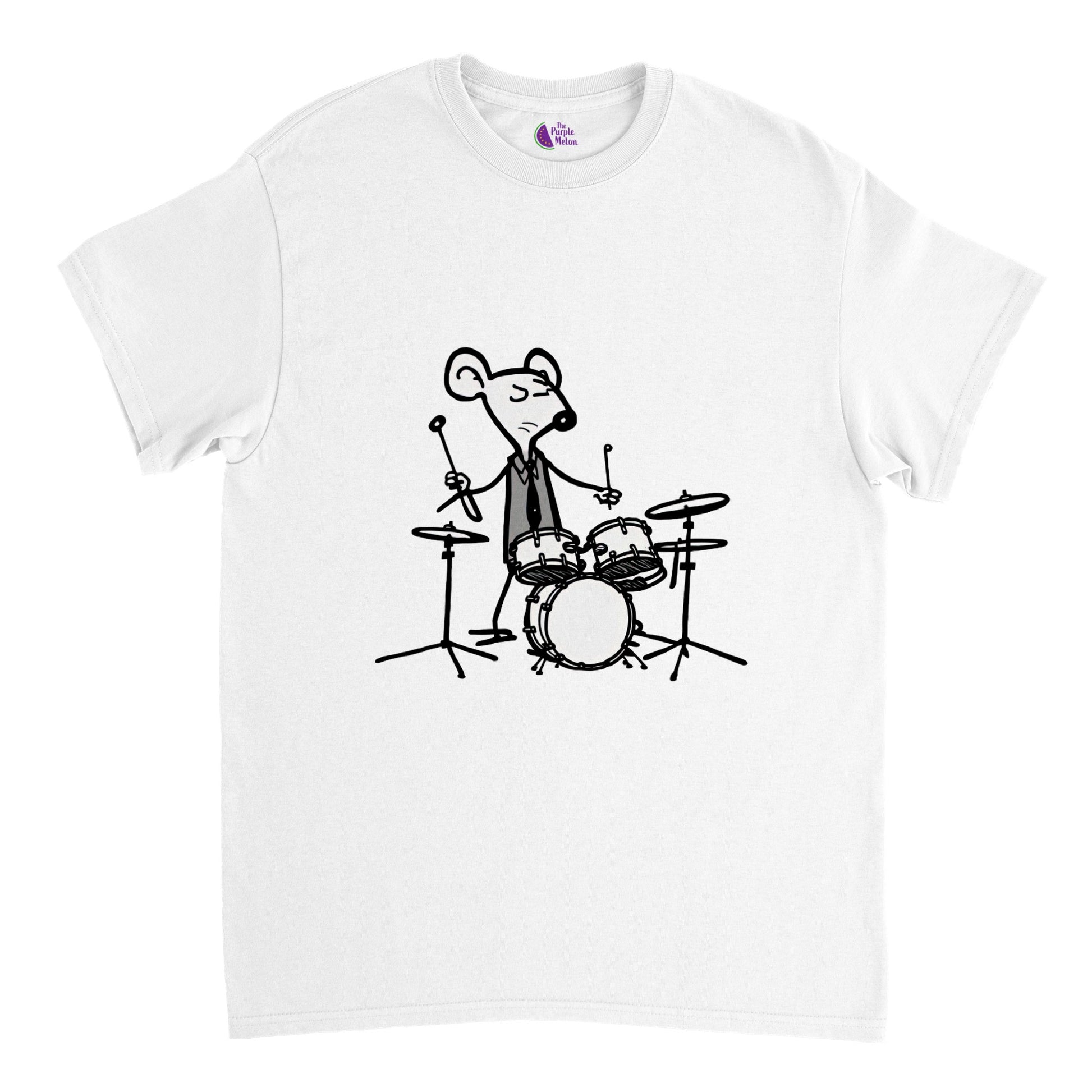 white t-shirt with a mouse playing drums print