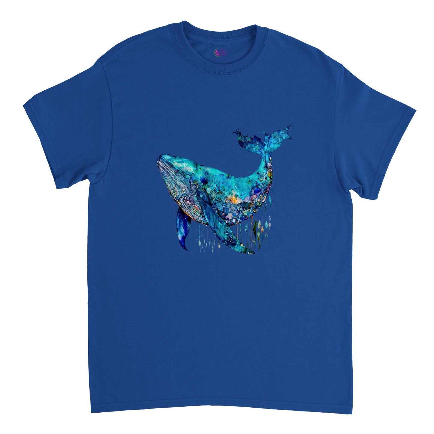 Royal blue t-shirt with a blue whale print
