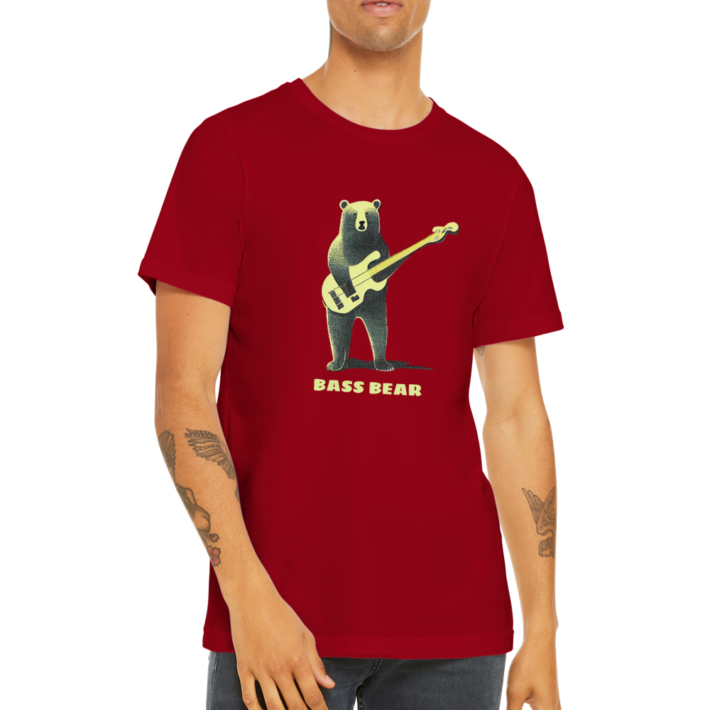 Man wearing a red t-shirt with a bear playing the bass guitar print