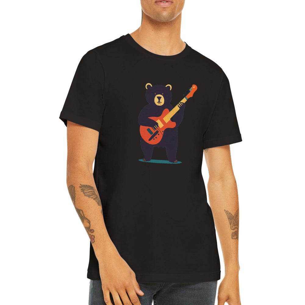 man waering a black t-shirt with a bear playing a guitar print