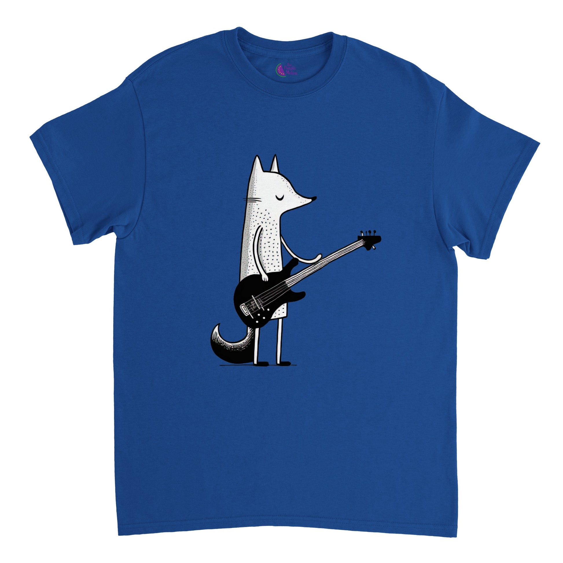 royal blue t-shirt with a fox playing the bass guiutar print