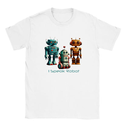 White t-shirt with 3 robots and the caption I speak robot