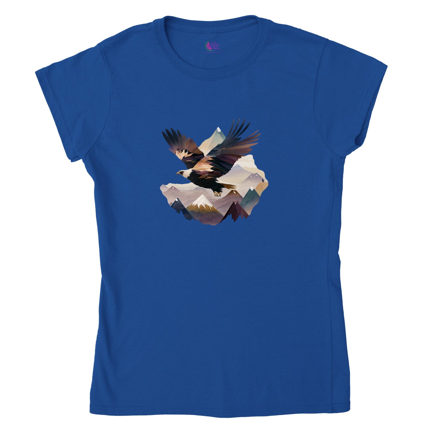 Blue t-shirt with an eagle flying over a mountain range print
